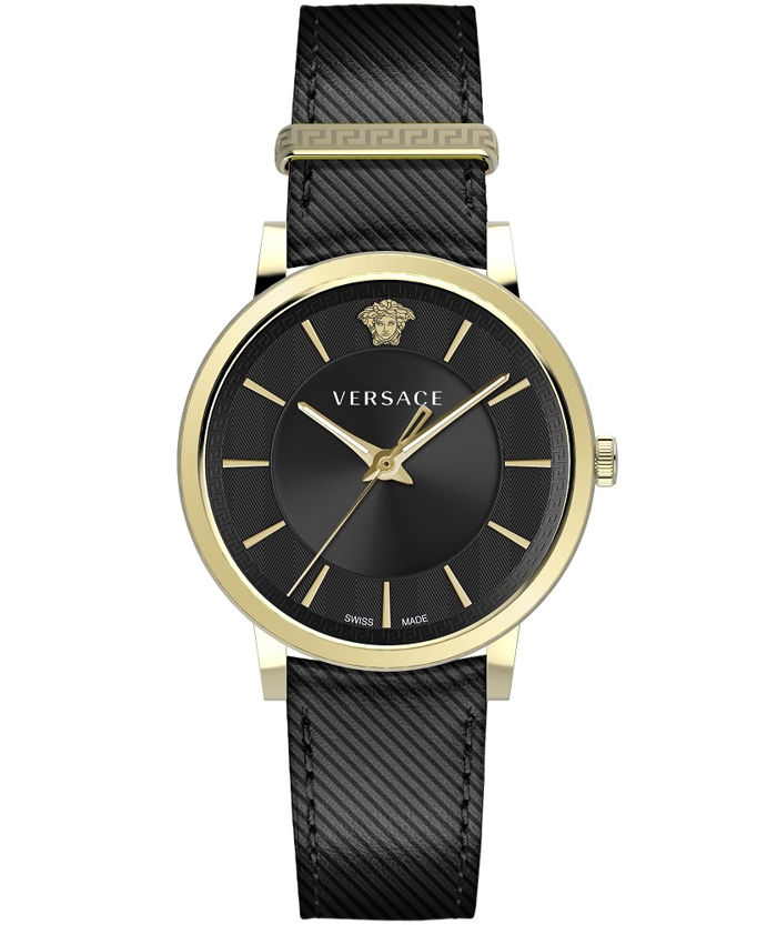 Versace V-Circle Roloi Batarias me Mavro Dermatino Louraki VE5A00320