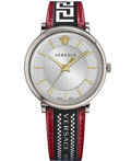 Versace V-Circle Roloi Batarias me Kokkino Dermatino Louraki VE5A01421