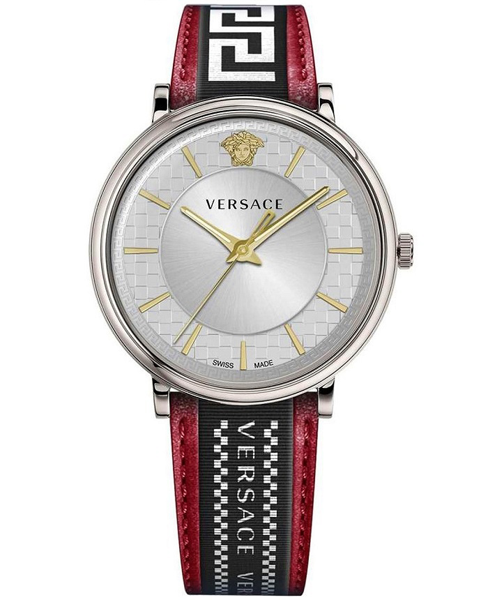 Versace V-Circle Roloi Batarias me Kokkino Dermatino Louraki VE5A01421