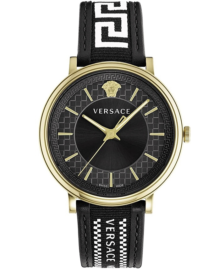 Versace V-Circle Roloi Batarias me Mavro ufasmatino Louraki VE5A01921