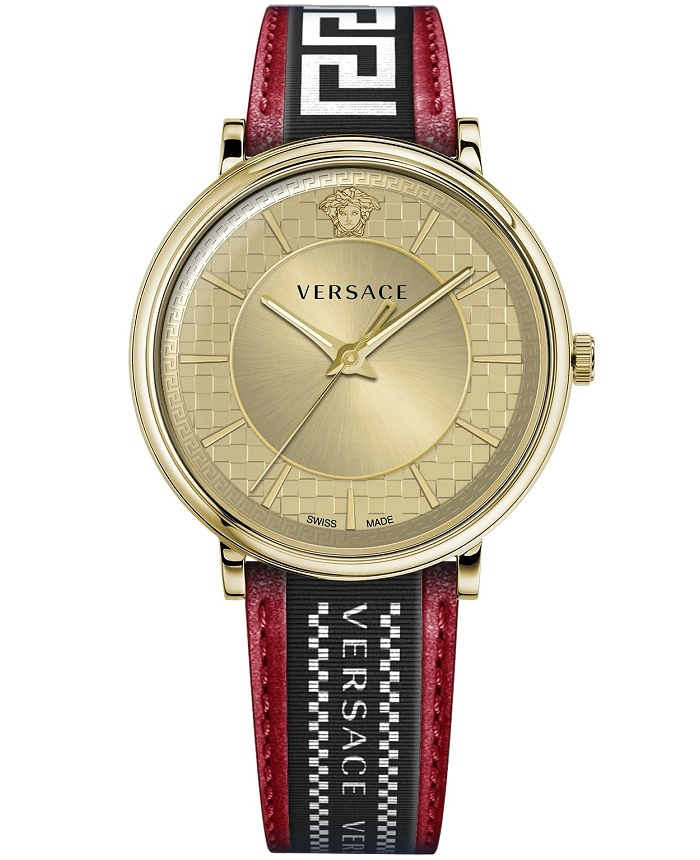 Versace V-Circle Gent Roloi Batarias me Kokkino Dermatino Louraki VE5A02021