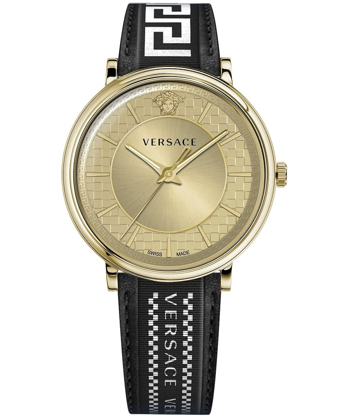 Versace V-Circle Gent Roloi Batarias me Mavro Dermatino Louraki VE5A02121
