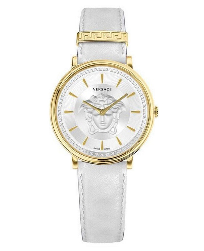 Versace V-Circle Roloi Batarias me Lefko Dermatino Louraki VE8102719