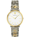 Versace V-Circle Roloi Batarias me Ggri Dermatino Louraki VE8104422