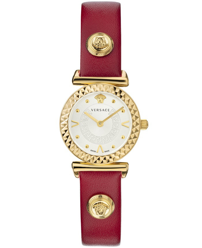 Versace Mini Vanity Roloi Batarias me Kokkino Dermatino Louraki VEAA01220
