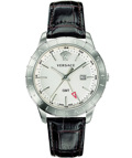 Versace Univers GMT Roloi Batarias me Mavro Dermatino Louraki VEBK00118