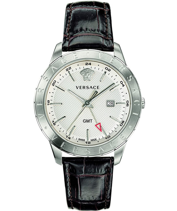 Versace Univers GMT Roloi Batarias me Mavro Dermatino Louraki VEBK00118