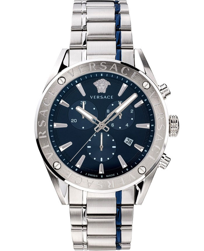 Versace V-Chrono Roloi Xronogafos Batarias me Asimi Metalliko Brasele VEHB00519