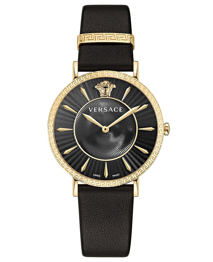 Versace V-Eternal Lady Roloi Batarias me Mavro Dermatino Louraki VEJL00222