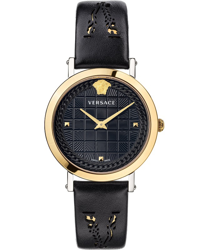 Versace Medusa Chain Roloi Batarias me Mavro Dermatino Louraki VELV00120