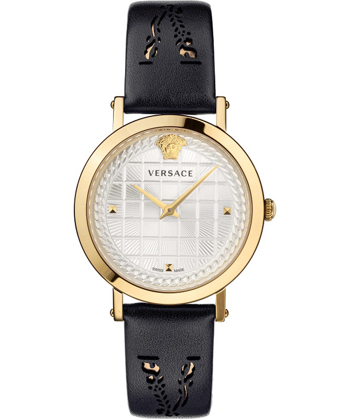 Versace Medusa Chain Roloi Batarias me Mavro Dermatino Louraki VELV00420