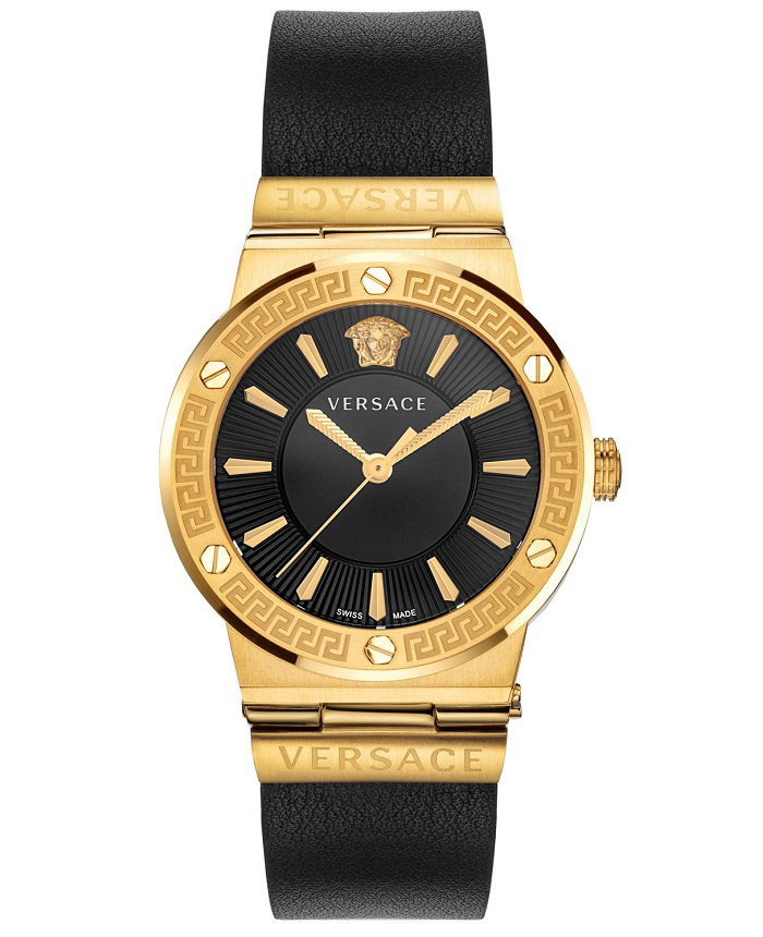 Versace Greca Logo Lady Roloi Batarias me Mavro Dermatino Louraki VEVH00320