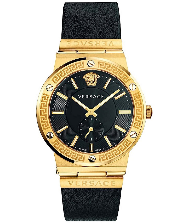 Versace Greca Logo Roloi Batarias me Mavro Dermatino Louraki VEVI00220