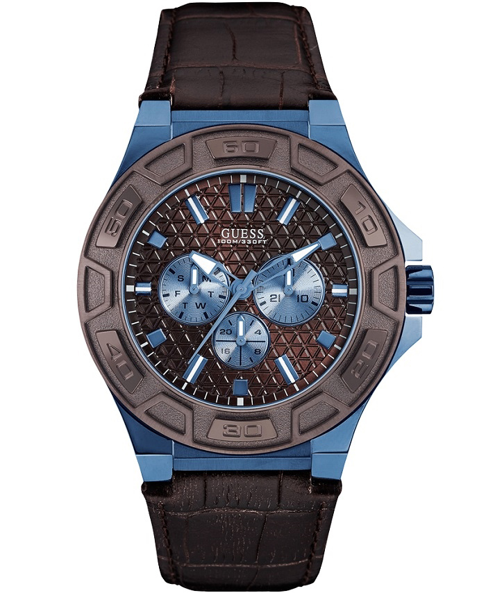 Guess Force Roloi Batarias me Kafe Dermatino Louraki W0674G5