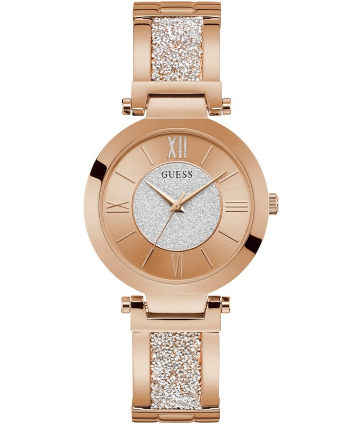 Guess Aurora Roloi Batarias me Roz Xruso Metalliko Brasele W1288L3