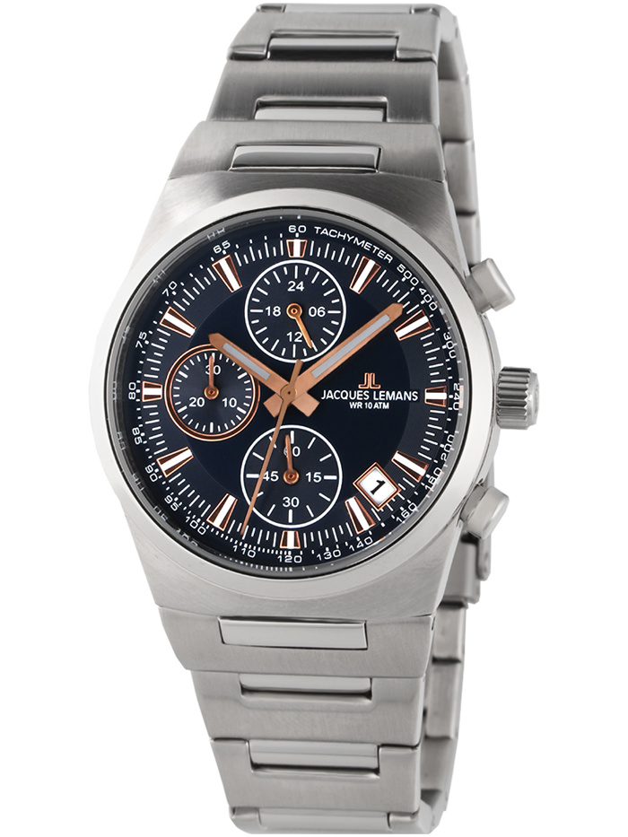 Jacques Lemans Manchester Roloi Xronogafos Batarias me Asimi Metalliko Brasele 1-1738B