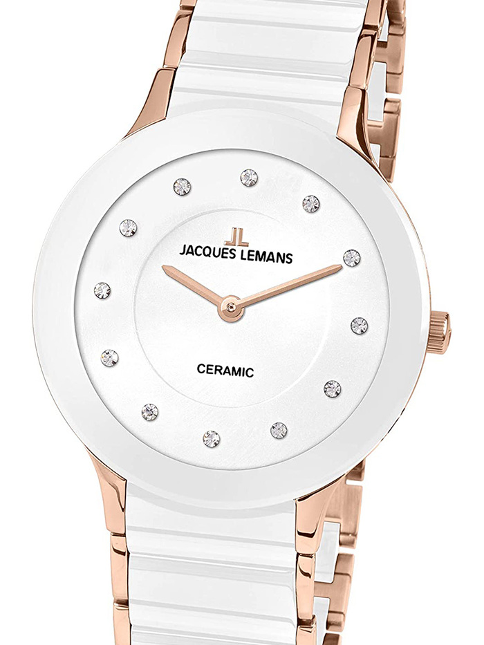 Jacques Lemans Dublin Ceramic Roloi Batarias me Roz Xruso / Lefko Keramiko Brasele 1-1856H