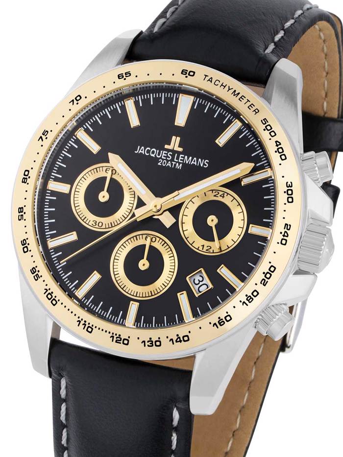 Jacques Lemans Liverpool Roloi Xronogafos Batarias me Mavro Dermatino Louraki 1-1877D