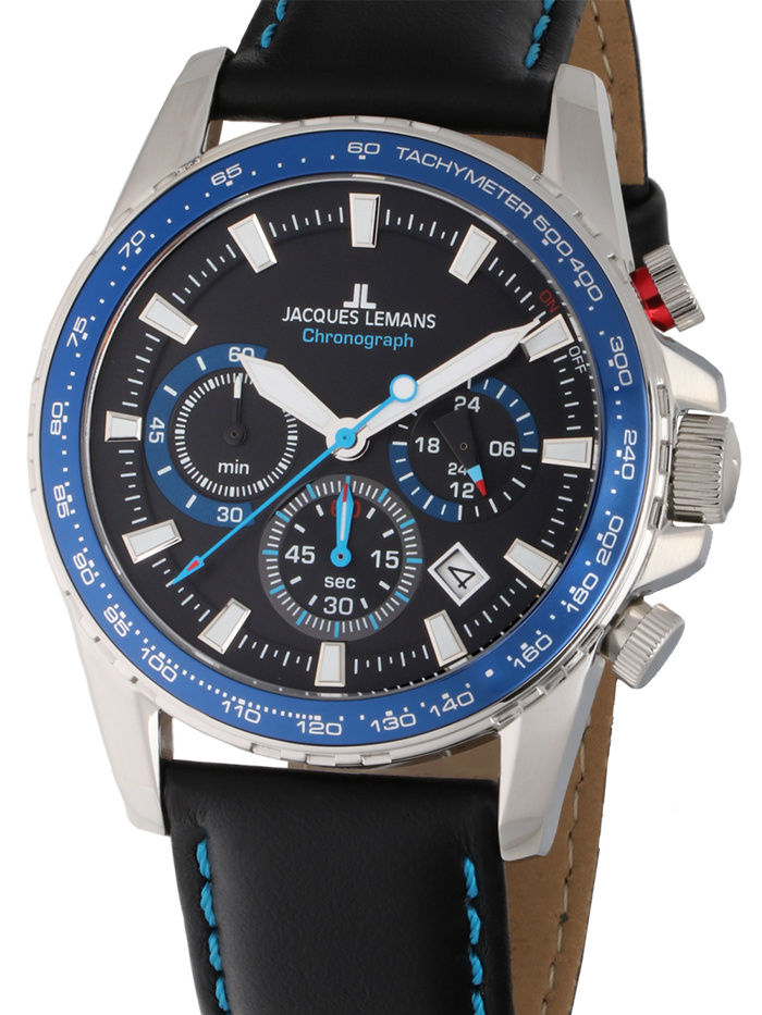Jacques Lemans Liverpool Roloi Xronogafos Batarias me Mavro Dermatino Louraki 1-2099B.1