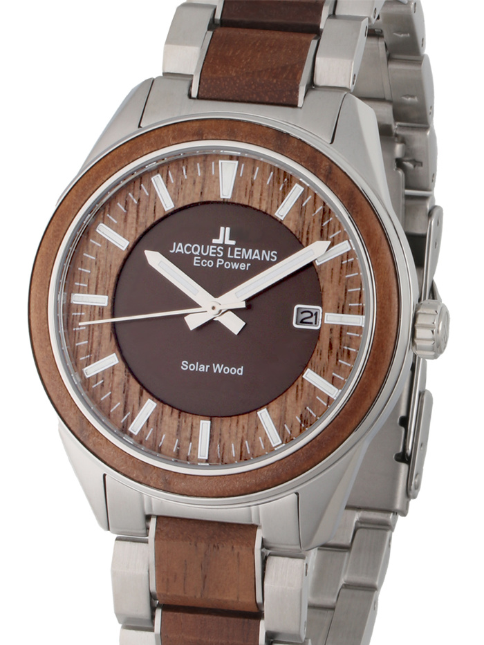 Jacques Lemans Eco-Power Wood Roloi Iliakis Energias me Asimi / Kafe Metalliko / Xulino Brasele 1-2116H