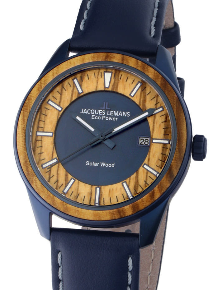 Jacques Lemans Eco-Power Roloi Batarias me Ble Oikologko Dermatino Louraki 1-2116K