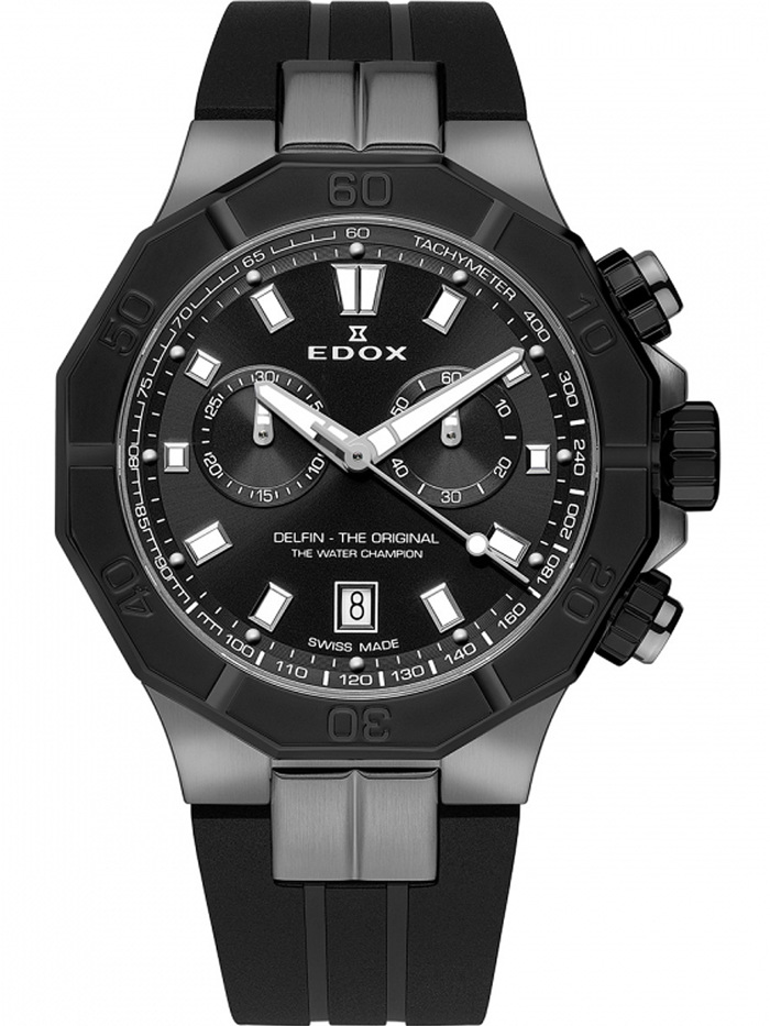 Edox Delfin Roloi Xronogafos Batarias me Mavro Kaoutsouk Louraki 10113-37GNCA-NGIN