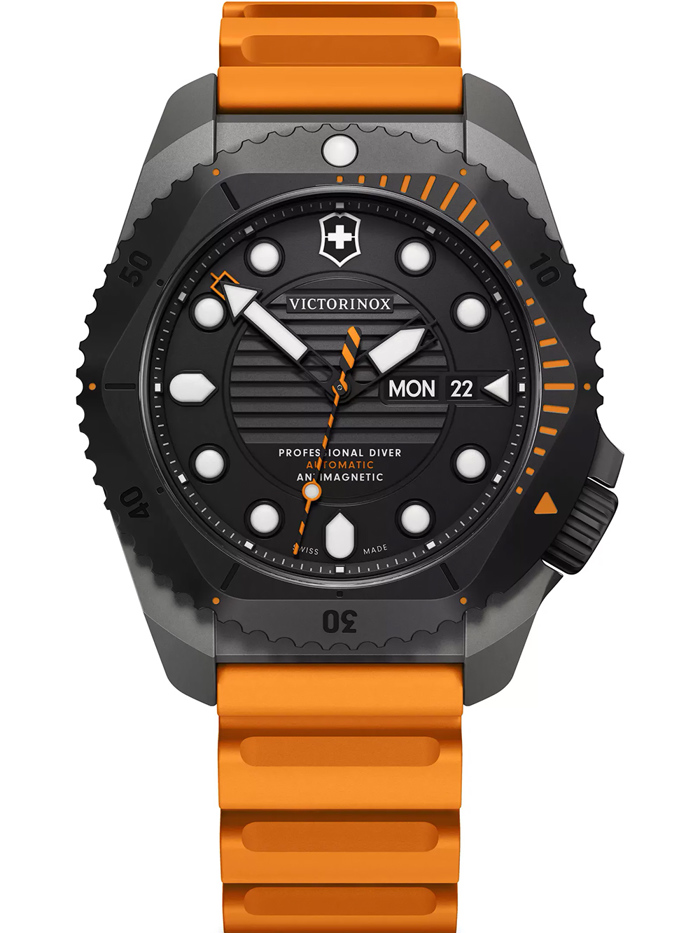 Victorinox Mens Watch Dive Pro Roloi Aftomato me Portokali Kaoutsouk Louraki 241996