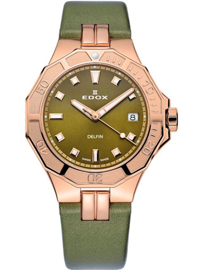 Edox Delfin Diver Roloi Batarias me Prasino Dermatino Louraki 53020-37RC-VR