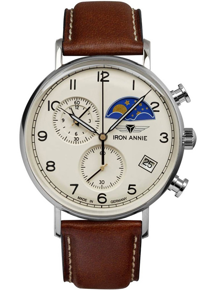 Iron Annie Amazonas Moon Phase Roloi Xronogafos Batarias me Kafe Dermatino Louraki 5994-5