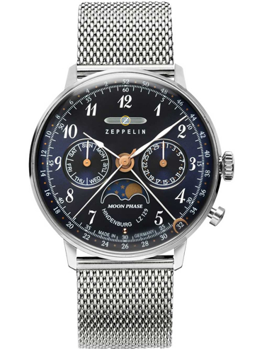 Zeppelin LZ129 Hindenburg Moonphase Ρολόι Μπαταρίας με Ασημί Μεταλλικό Μπρασελέ 7037M-3