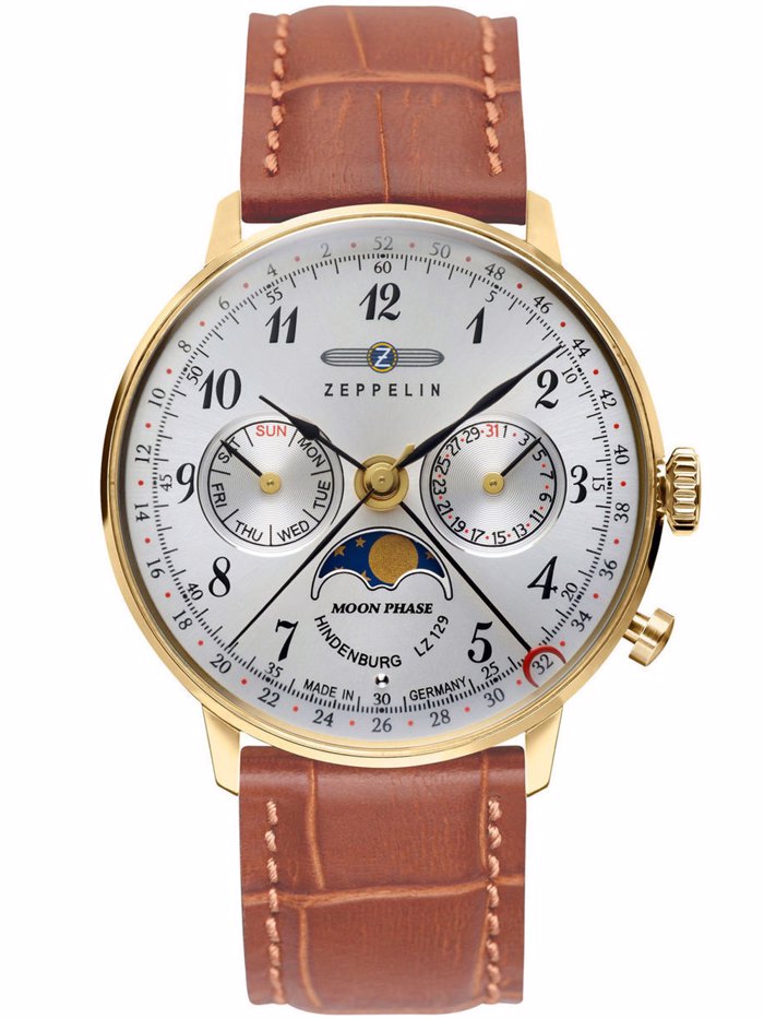 Zeppelin Hindenburg Moonphase Roloi Batarias me Kafe Dermatino Louraki 7039-1