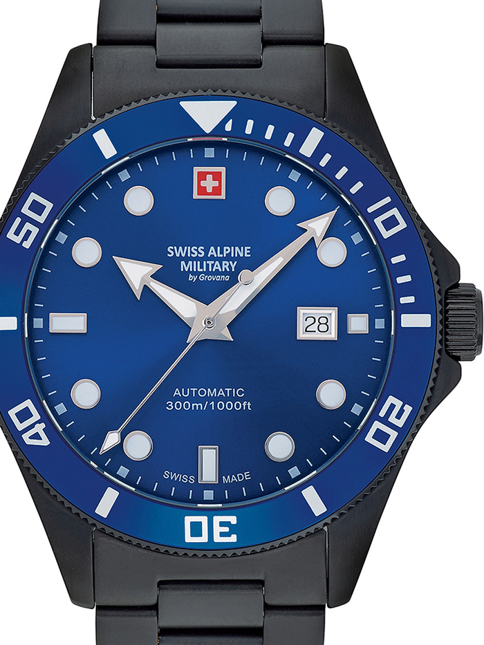 Swiss Alpine Military by Grovana Diver Roloi Aftomato me Mavro Metalliko Brasele 7095.2175