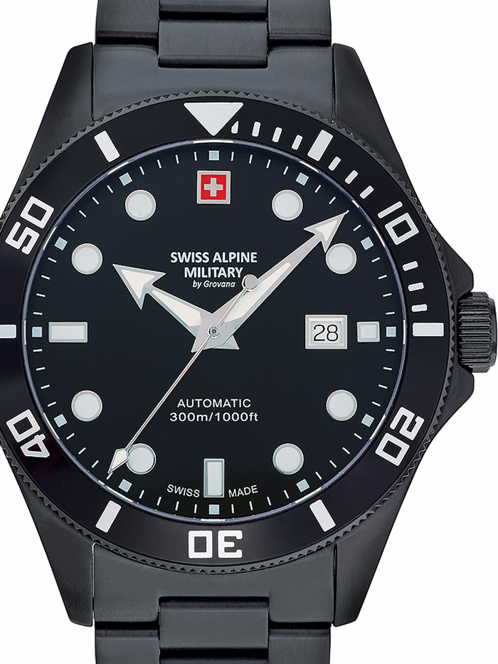 Swiss Alpine Military by Grovana Diver Roloi Aftomato me Mavro Metalliko Brasele 7095.2177