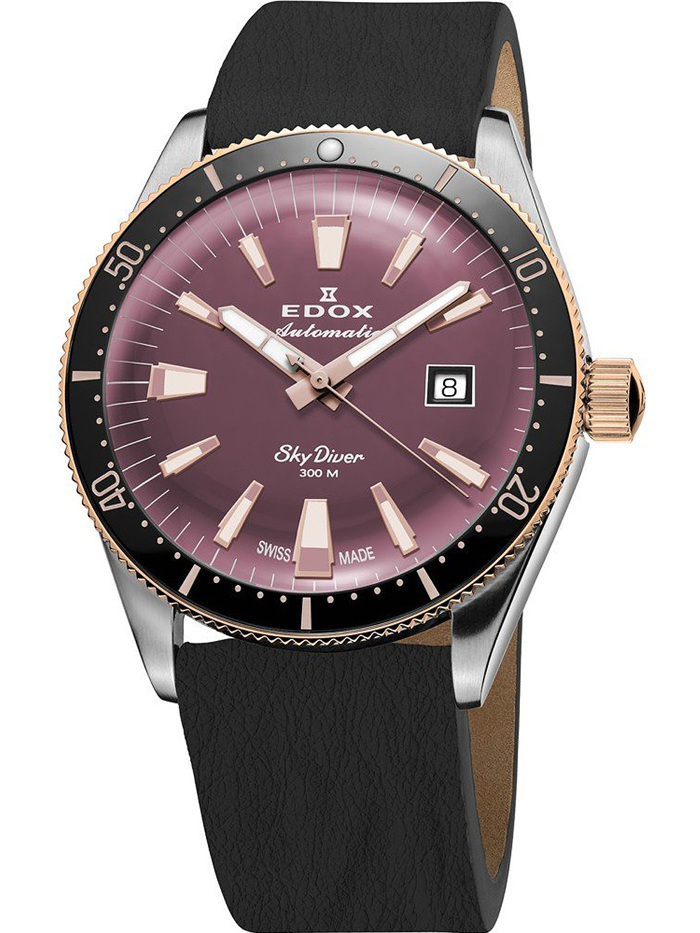 Edox Skydiver Roloi Aftomato me Mavro kai Roz Dermatino Louraki 80131-357RNRC-VIO