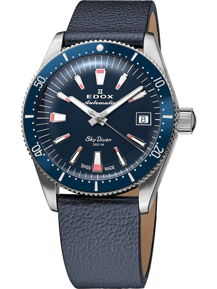 Edox Skydiver Roloi Aftomato me Ble kai Portokali Dermatino Louraki 80131-3BUC-BUICO