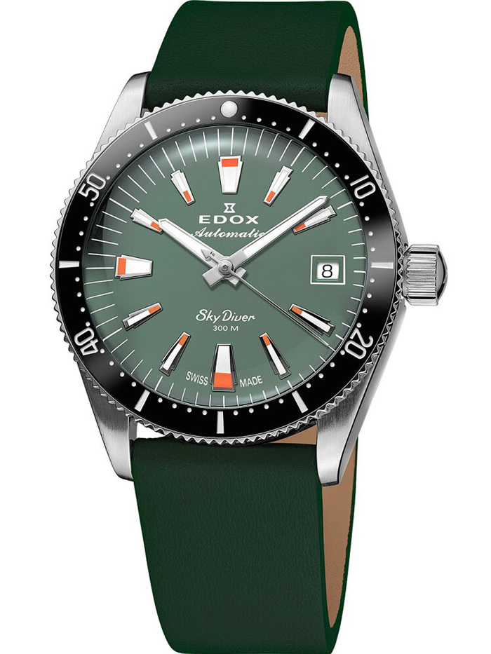 Edox Skydiver Roloi Aftomato me Prasino kai Portokali Dermatino Louraki 80131-3NC-VI