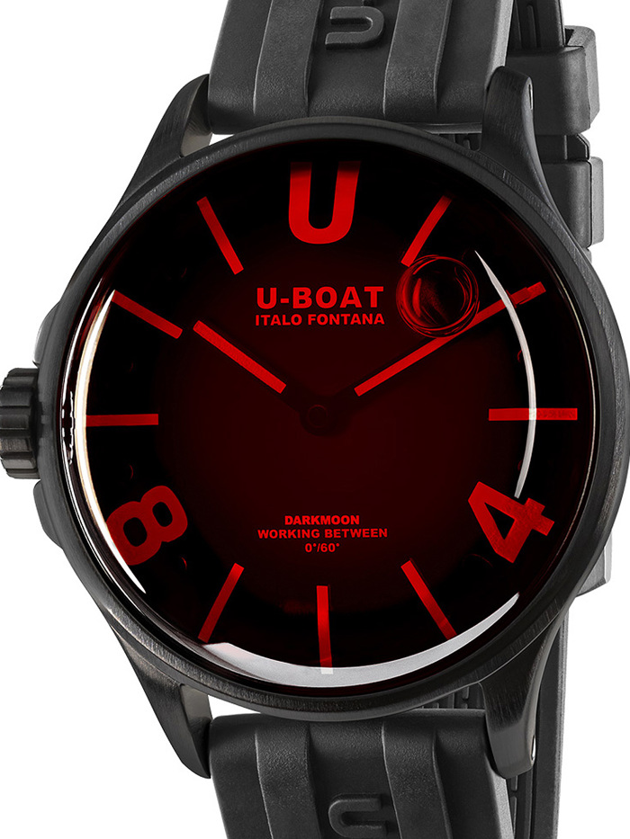 U-Boat Darkmoon Red Glass PVD Roloi Batarias me Mavro Kaoutsouk Louraki 9306