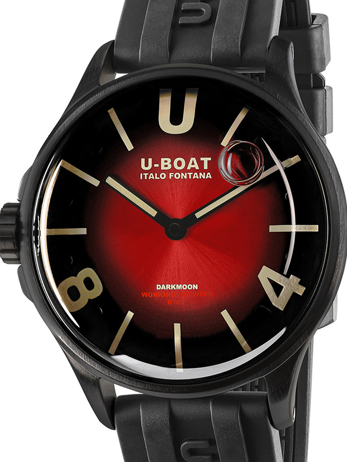 U-Boat Darkmoon Red PVD Soleil Roloi Batarias me Mavro Kaoutsouk Louraki 9501