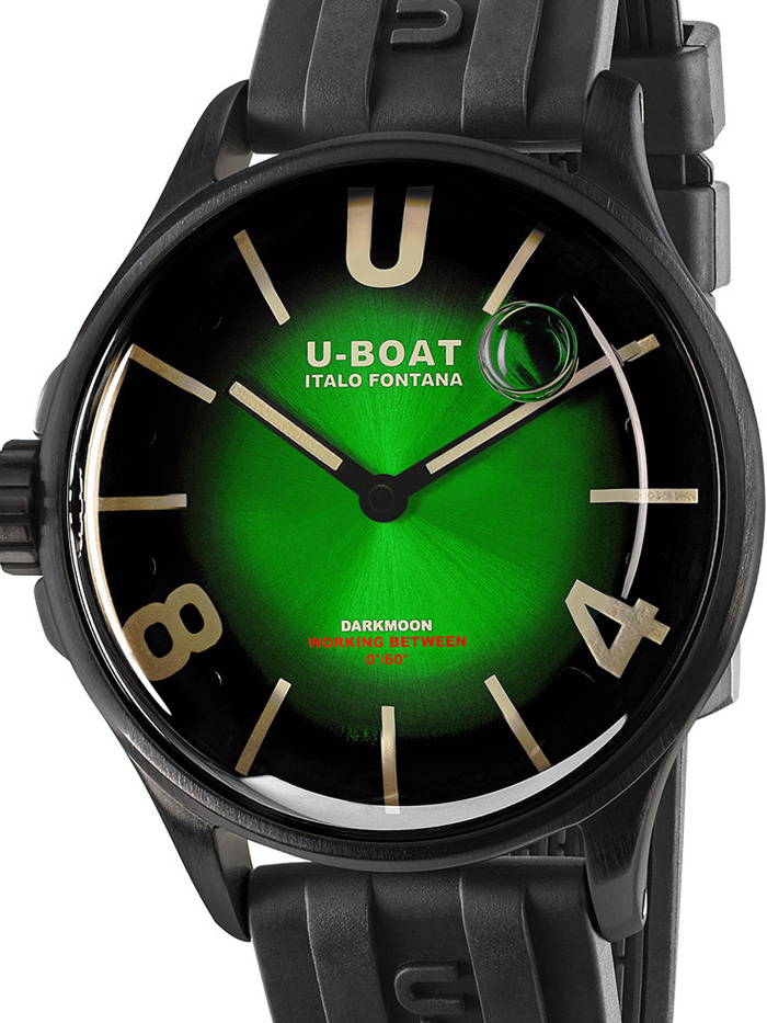 U-Boat Darkmoon Green PVD Soleil Roloi Batarias me Mavro Kaoutsouk Louraki 9503