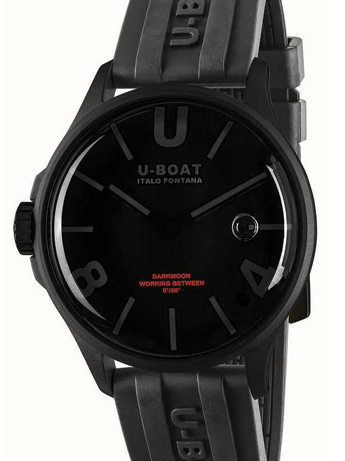 U-Boat Darkmoon Black PVD Roloi Batarias me Mavro Kaoutsouk Louraki 9545