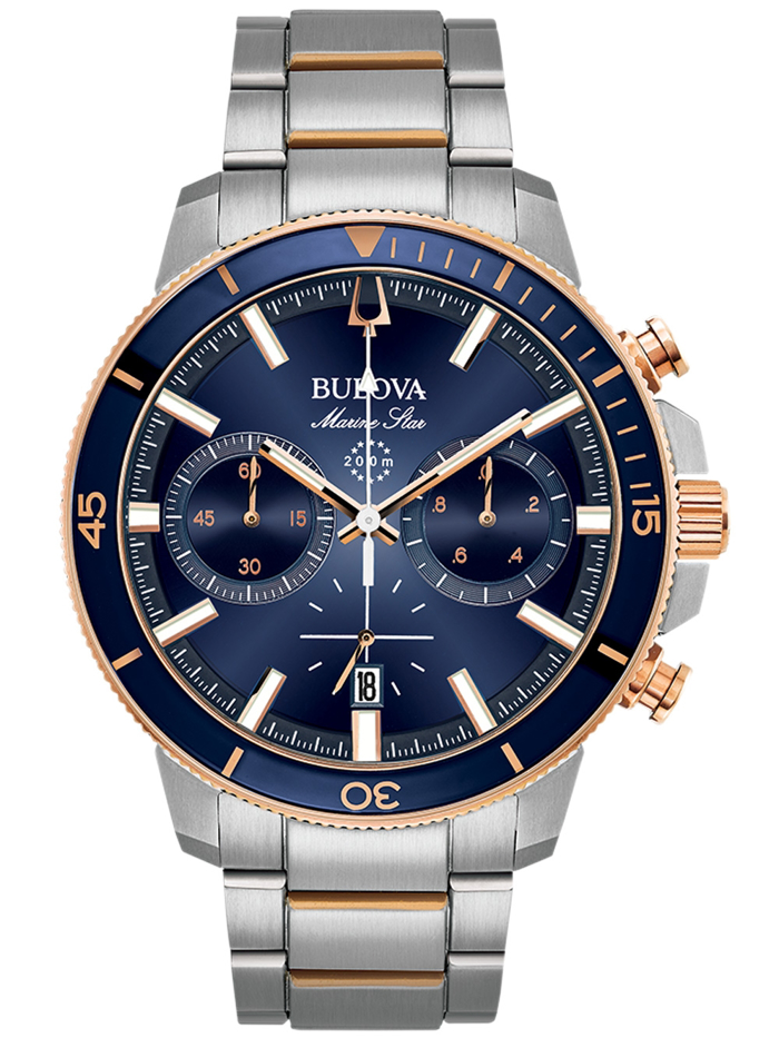 Bulova Marine Star Roloi Xronogafos Batarias me Roz Xruso / Asimi Metalliko Brasele 98B301