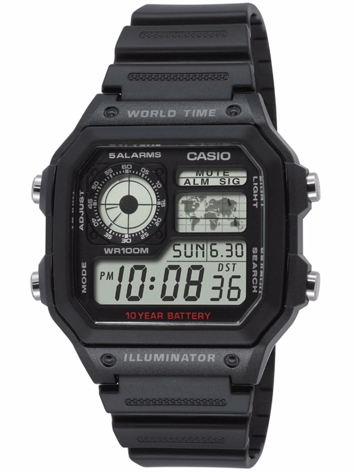 Casio Collection Roloi Xronogafos Batarias me Mavro Kaoutsouk Louraki AE-1200WH-1AVEF