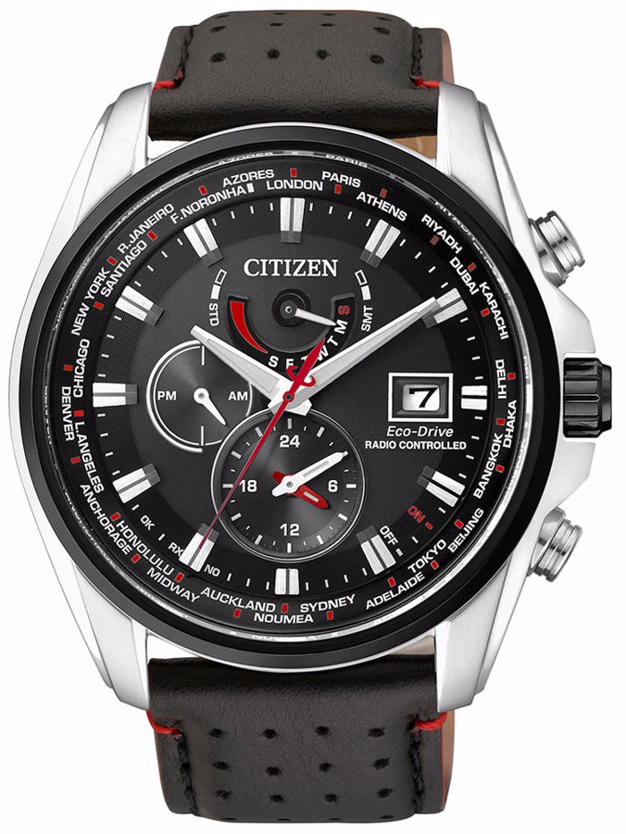 Citizen Eco-Drive Radio-Controlled Roloi Iliakis Energias me Mavro Dermatino Louraki AT9036-08E