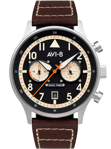 AVI-8 Carey Dual Time Ρολόι Μπαταρίας με Καφέ Δερμάτινο Λουράκι av-4088-01