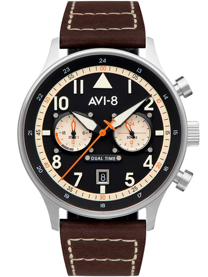 AVI-8 Carey Dual Time Roloi Batarias me Kafe Dermatino Louraki av-4088-01