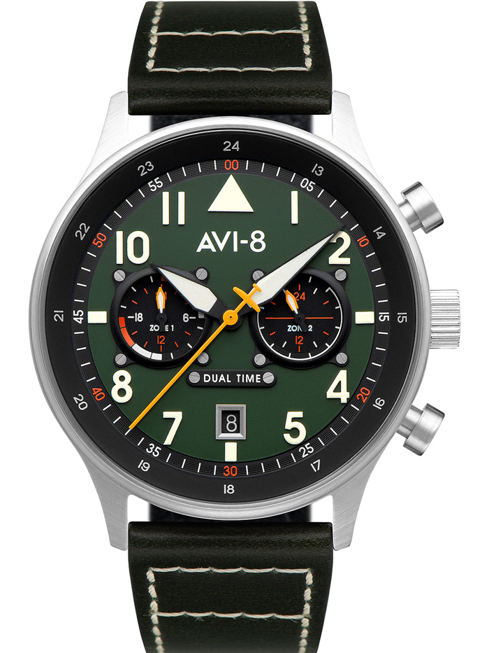 AVI-8 Carey Dual Time Roloi Batarias me Prasino Dermatino Louraki AV-4088-02