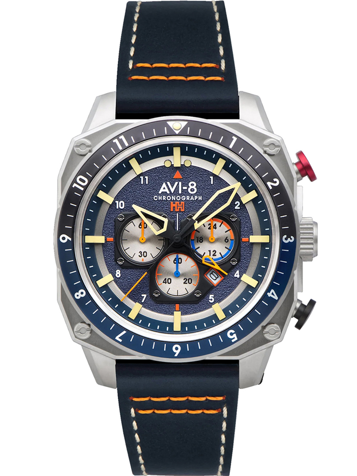 AVI-8 Hawker Hunter Dual Time Roloi Xronogafos Batarias me Mavro Dermatino Louraki AV-4100-02