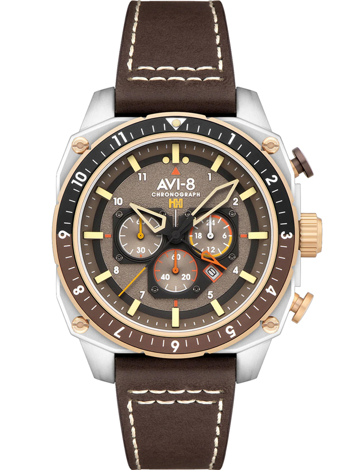 AVI-8 Hawker Hunter Dual Time Roloi Xronogafos Batarias me Kafe Dermatino Louraki AV-4100-05