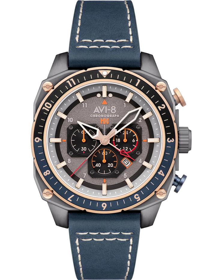 AVI-8 Hawker Hunter Dual Time Roloi Xronogafos Batarias me Ble Dermatino Louraki AV-4100-07