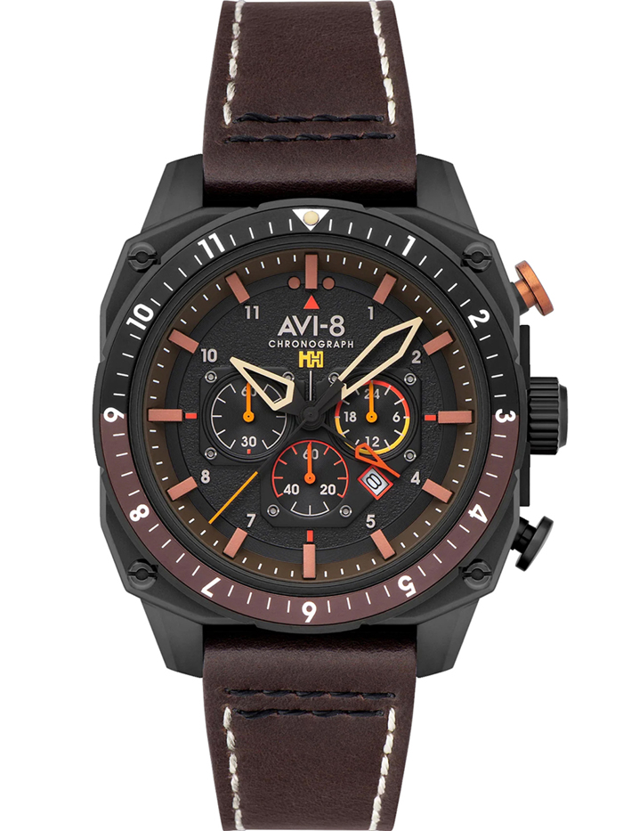 AVI-8 Hawker Hunter Dual Time Roloi Xronogafos Batarias me Kafe Dermatino Louraki AV-4100-08